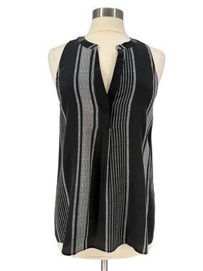Joie Black & White Vertical Stripe 100% Silk Sleeveless V-Neck Top